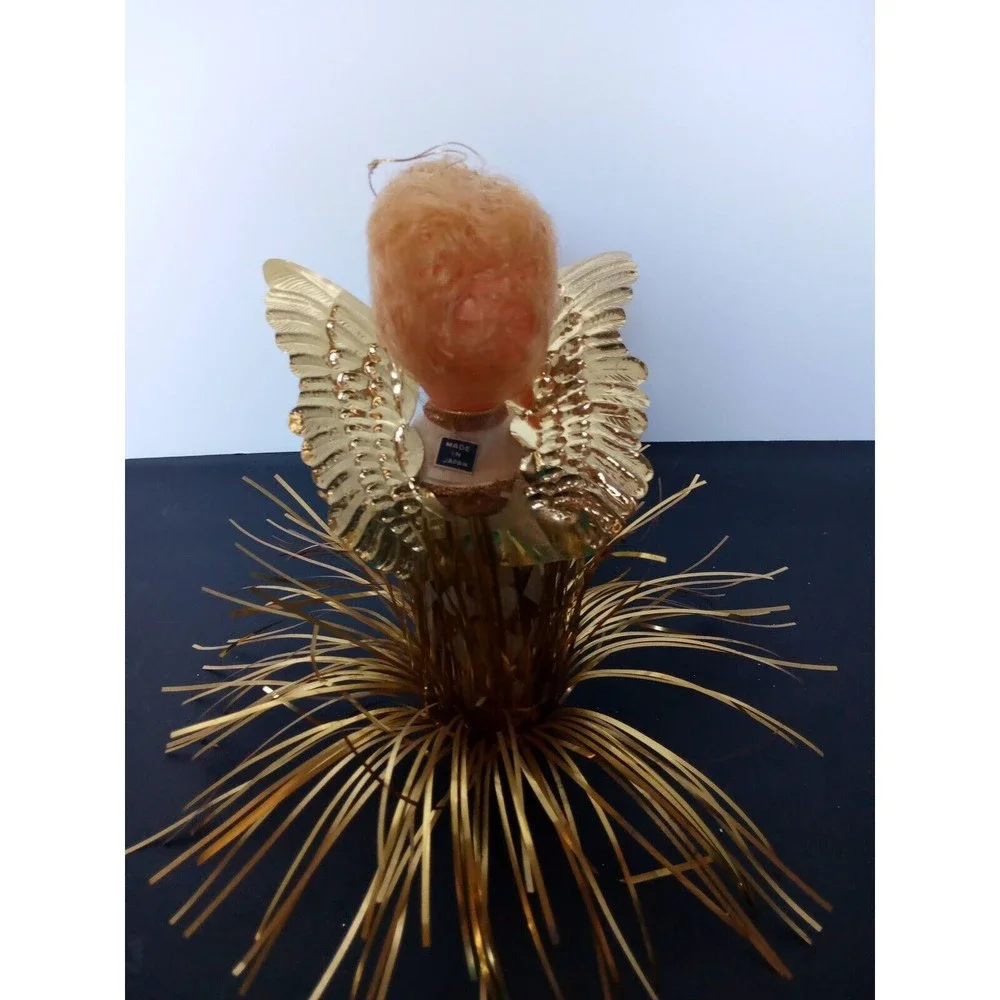 Vintage Angel tree topper Cardboard Gold wings‎ dress and plastic face Halo